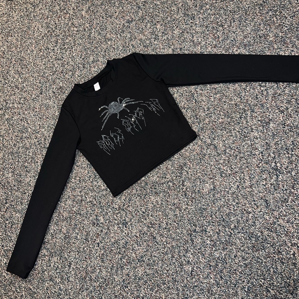 Rhinestone spider black metal long sleeve crop top 
Brand new size small